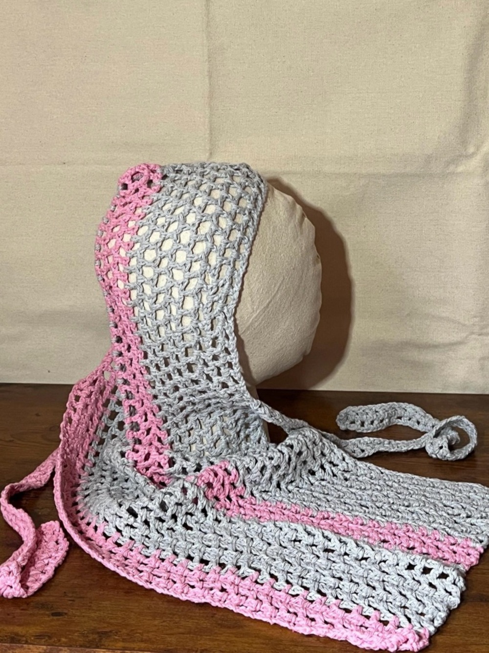 Handmade Crochet Durag | Adjustable Tie Durag | Pink & Gray